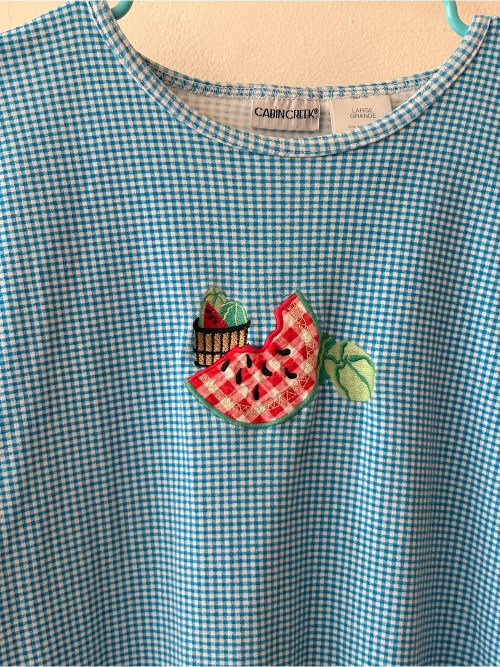 Vintage Cabin Creek Blue Gingham Short Sleeve Tee with Picnic Fruit Appliqué
